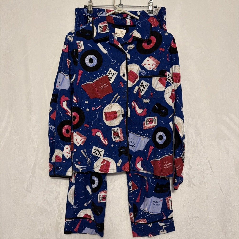 Kate Spade New York Women's M Royal Blue Print Flannel Pajama Set Cozy Soft